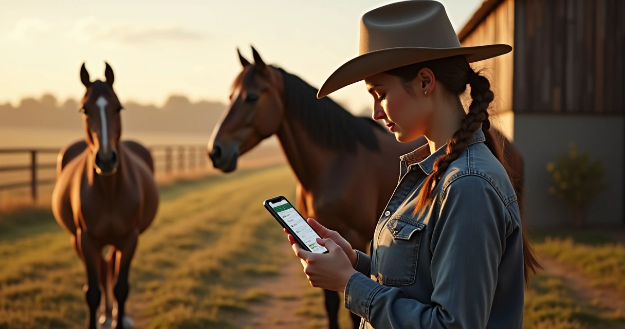 Pessoa usando celular para registrar dados de exames de cavalo 