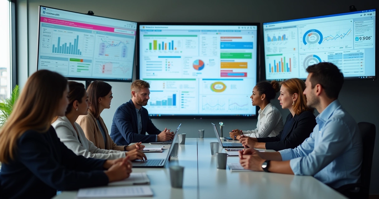 Profissionais em reunião frente a telas digitais com gráficos de crescimento e dados de clientes em interface moderna 