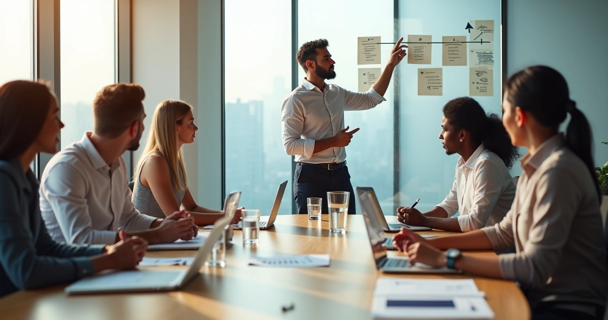Líder alinhando expectativas com equipe em reunião calma e colaborativa 