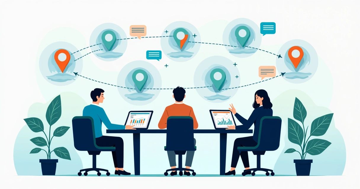 Ilustração corporativa mostrando equipe analisando dados de NPS em vários dispositivos vinculados a locais diferentes 