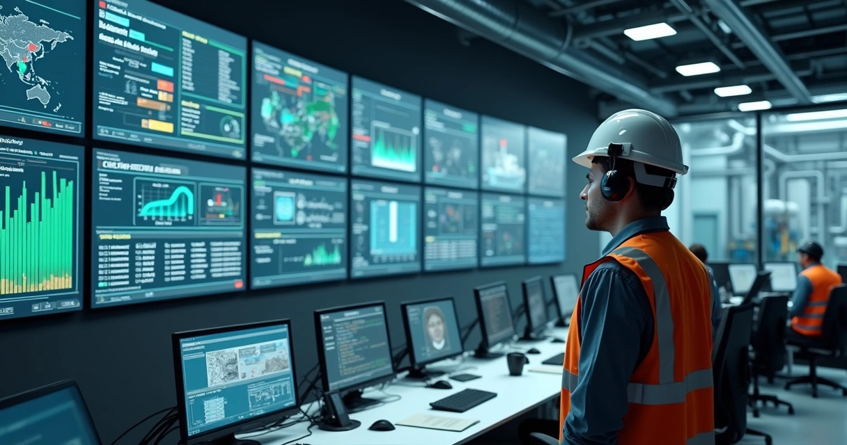 Gestor técnico monitora sistemas industriais em sala de controle moderna 