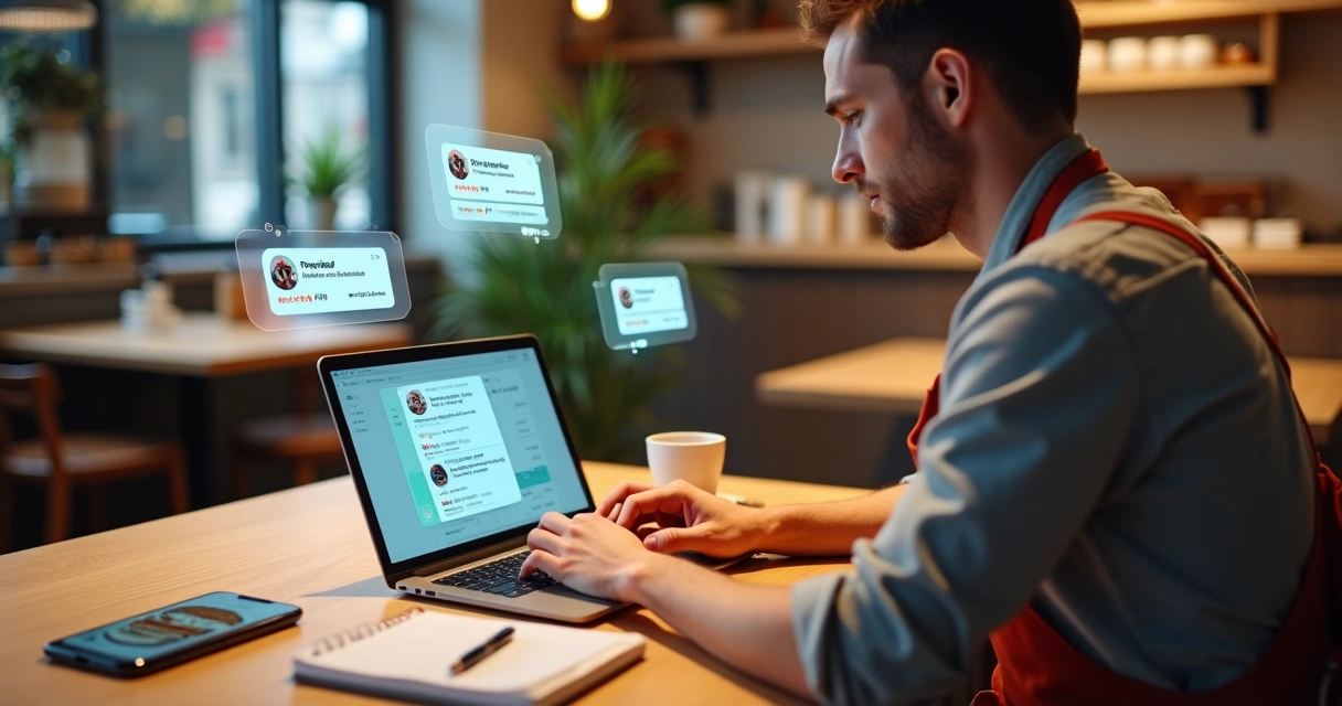 Dono de restaurante respondendo comentário negativo sobre delivery no notebook 