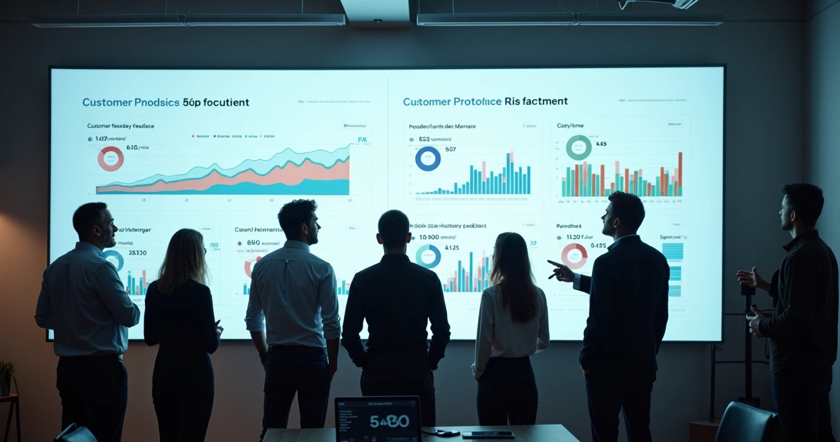 Equipe de gestores analisando feedbacks e métricas financeiras em um painel integrado