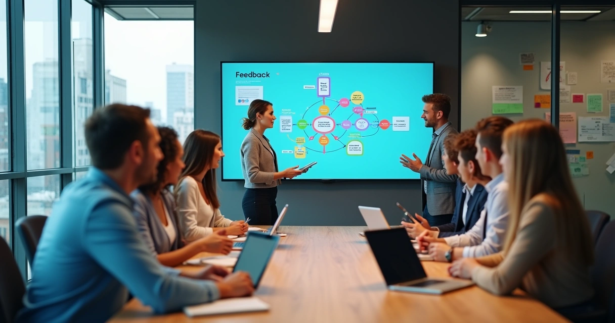 Mentor conduzindo sessão de feedback estruturado com equipe em ambiente moderno 
