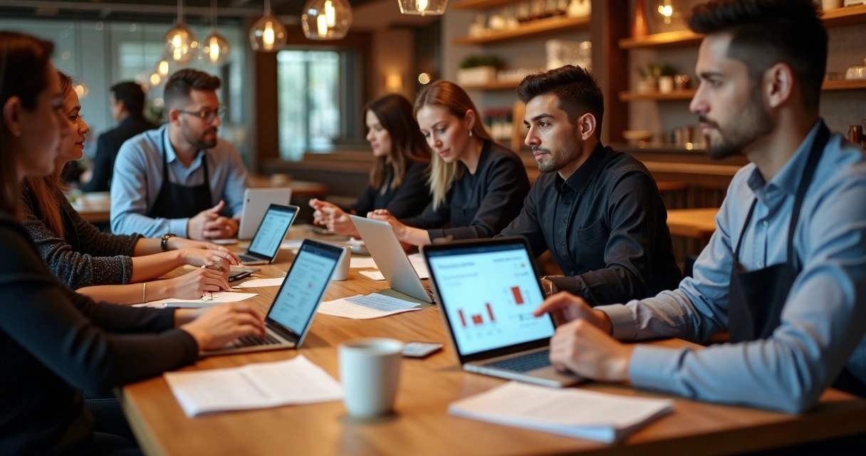 Equipe de restaurante analisando feedbacks de clientes em tablet em ambiente moderno 