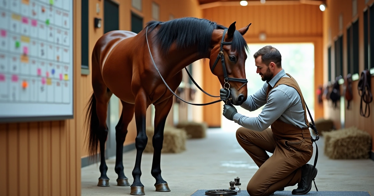 Ferrador ajustando ferradura em cavalo marrom com calendário de manejo ao fundo 