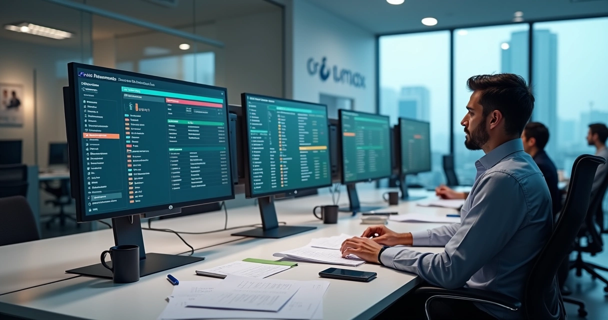 Equipe usando computadores para gerenciar filas de atendimento em condomínio 