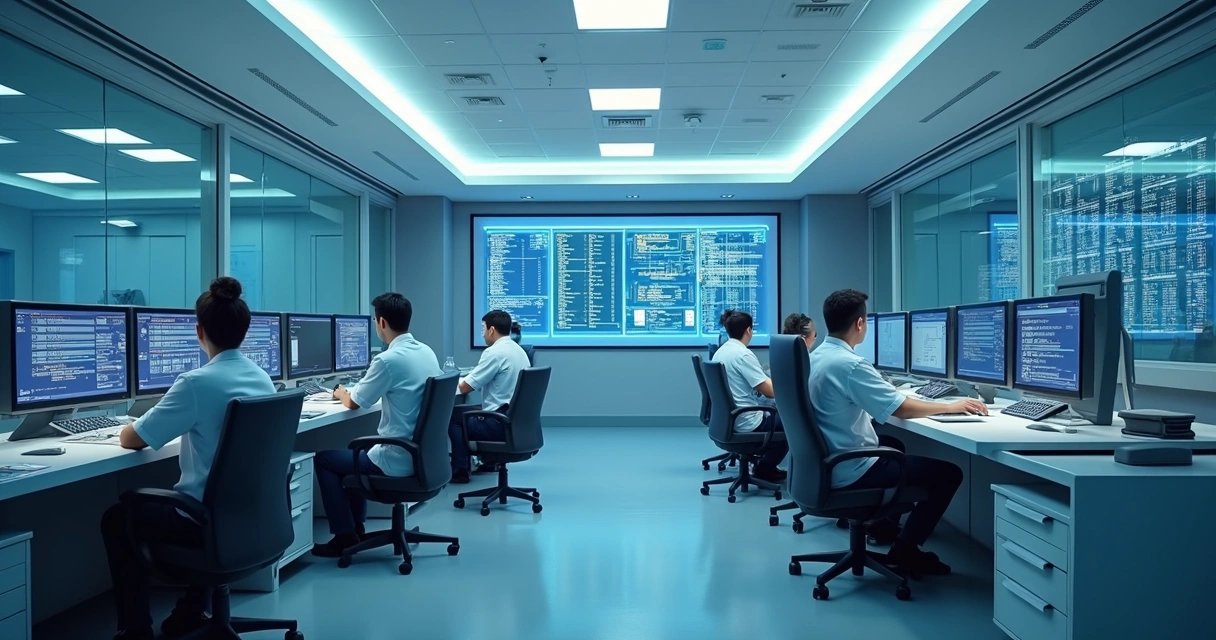 Profissionais monitorando sistemas de atendimento hospitalar digital