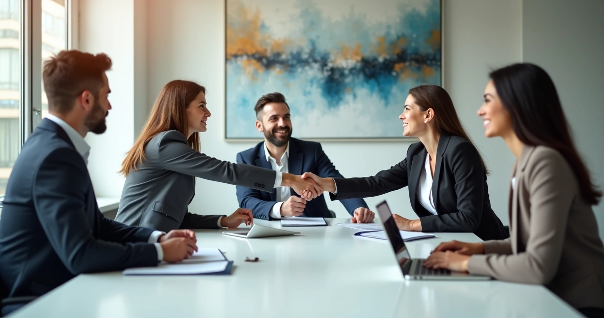 Executivos em reunião, discutindo uma solução pacífica para um conflito, com expressões serenas