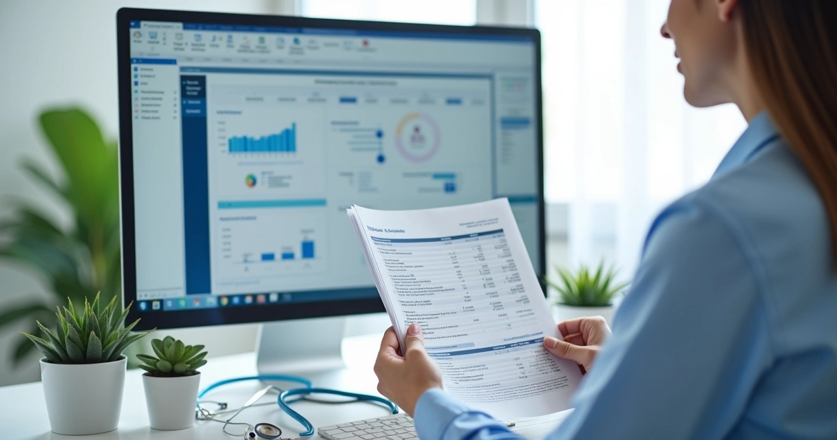 Administrador analisando extratos financeiros em clínica médica 