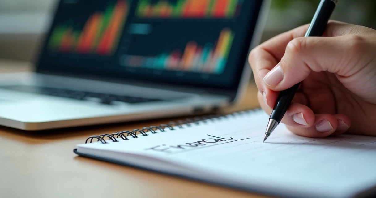 Pessoa escrevendo metas financeiras em caderno ao lado de notebook com gráficos 