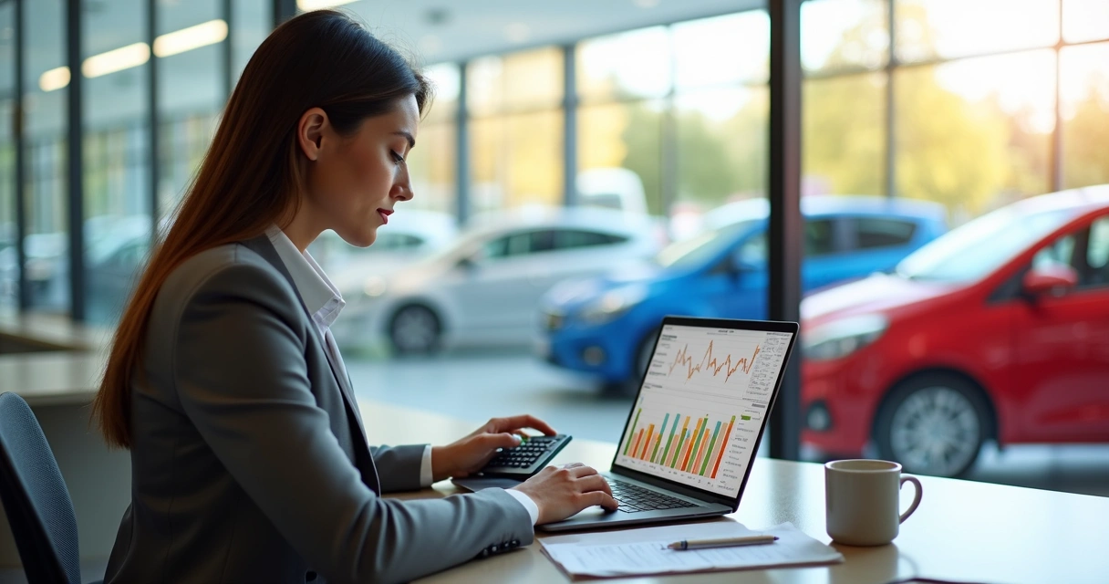 Gestão financeira na revenda de carros com gráficos e loja de carros ao fundo 