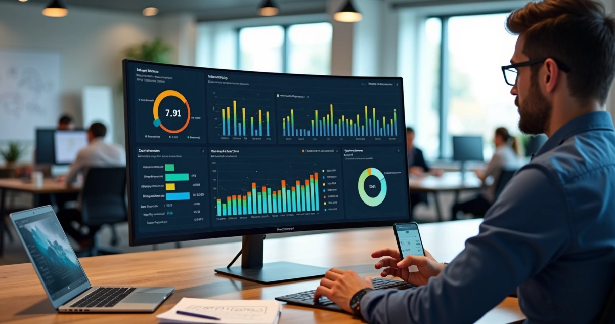 Cofundador de agência digital analisando painel financeiro com gráficos e projeções em escritório moderno 