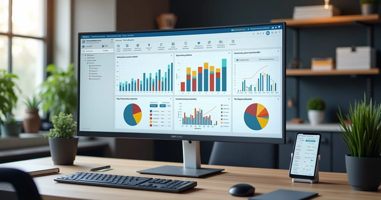 Mesa de escritório com monitor mostrando gráficos financeiros e automação digital integrada 