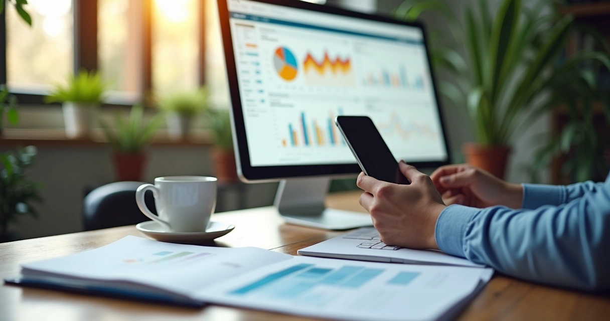 Mesa de escritório com computador exibindo gráficos financeiros digitais, pessoa usando smartphone com aplicativos de gestão financeira abertos, documentos organizados, caneca e plantas ao fundo 