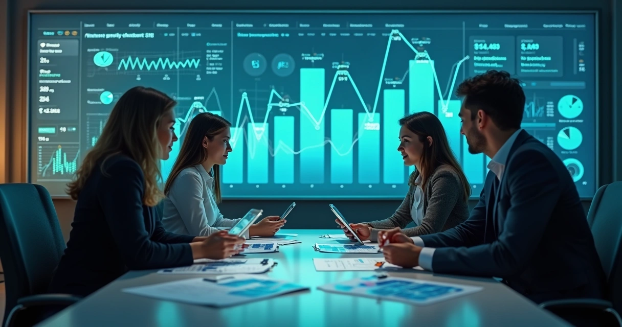 Equipe analisando gráficos financeiros na tela interativa 
