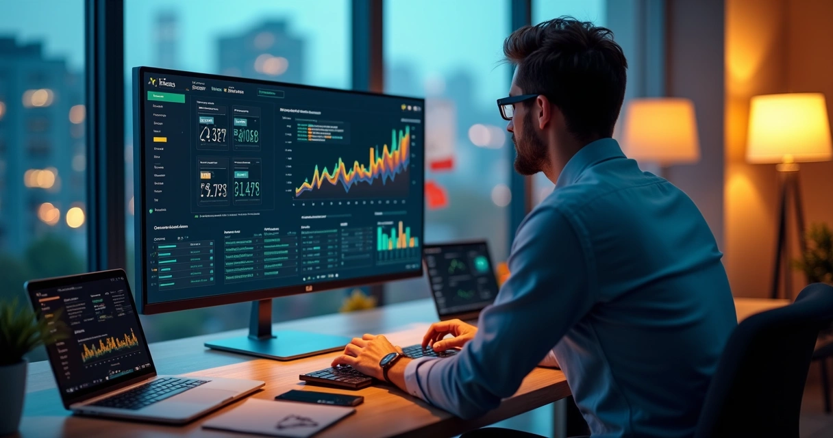 Gestor analisando dashboard financeiro integrado a bancos digitais 