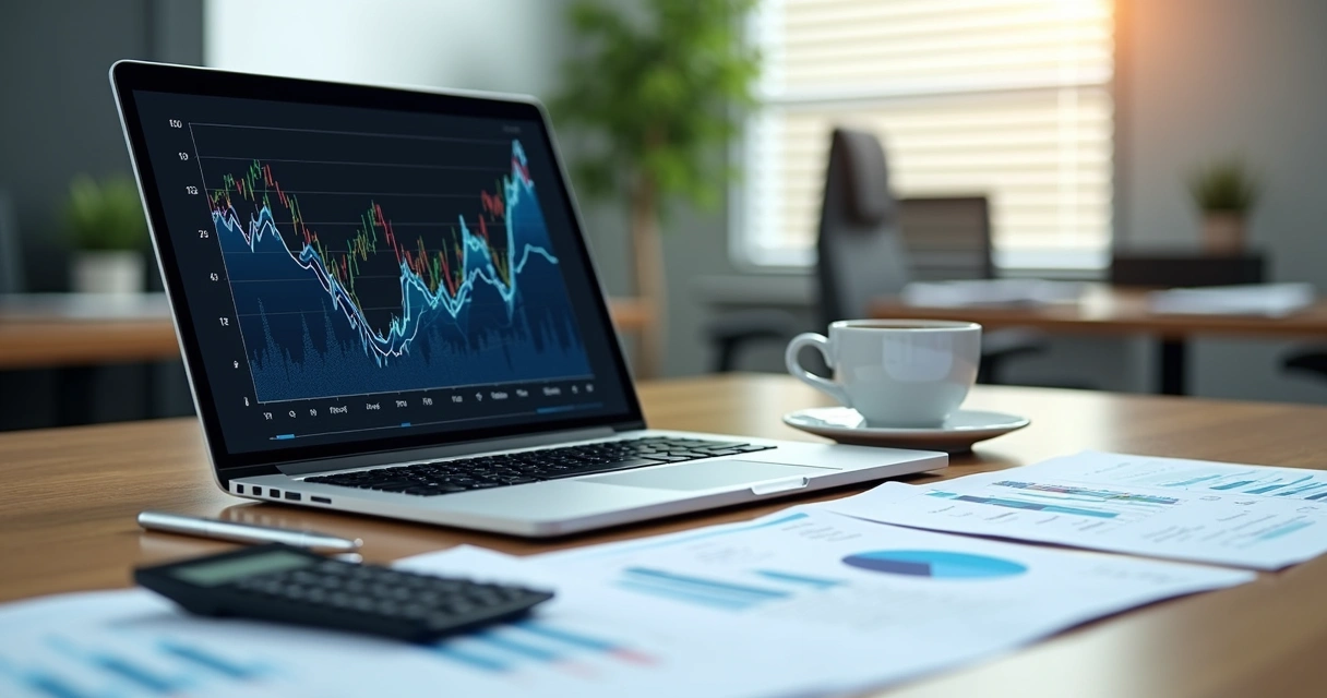 Mesa de trabalho com laptop mostrando gráficos financeiros, calculadora, notas fiscais e planilhas organizadas para análise de rentabilidade em BPO financeiro 