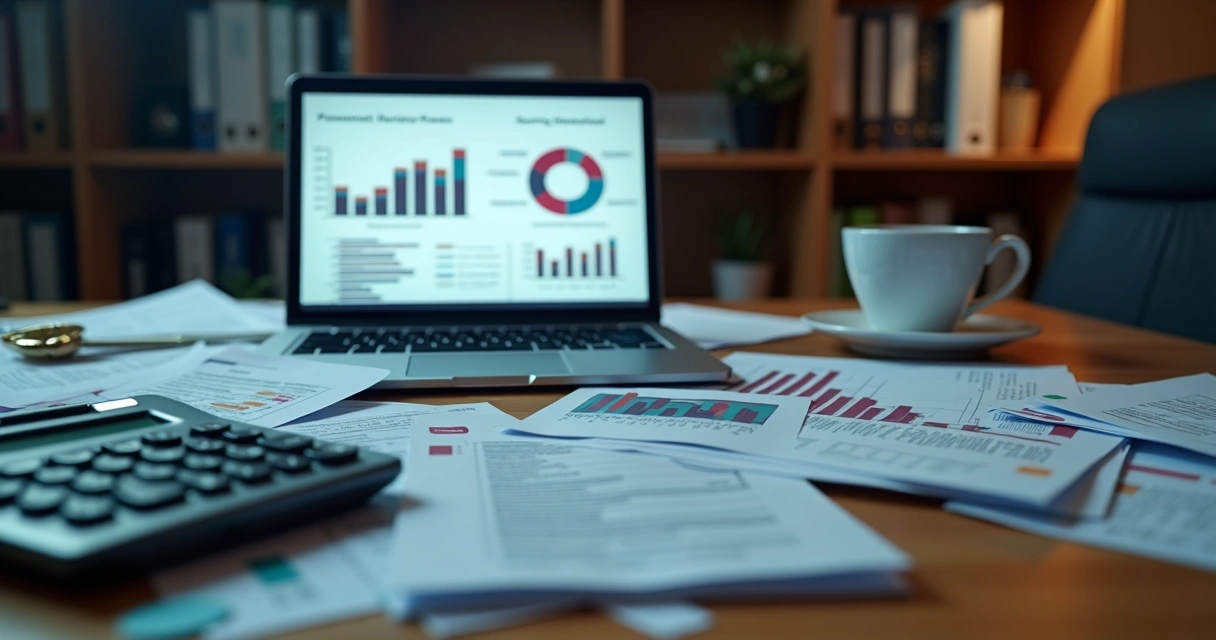 Mesa de escritório com papéis desorganizados, contas atrasadas e laptop com gráficos financeiros confusos na tela 