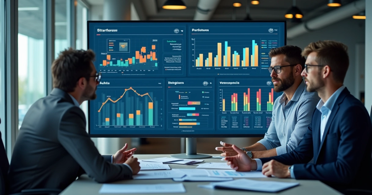 Painel de gestão financeira centralizada com gráficos e planilhas coloridas exibidas em um grande monitor