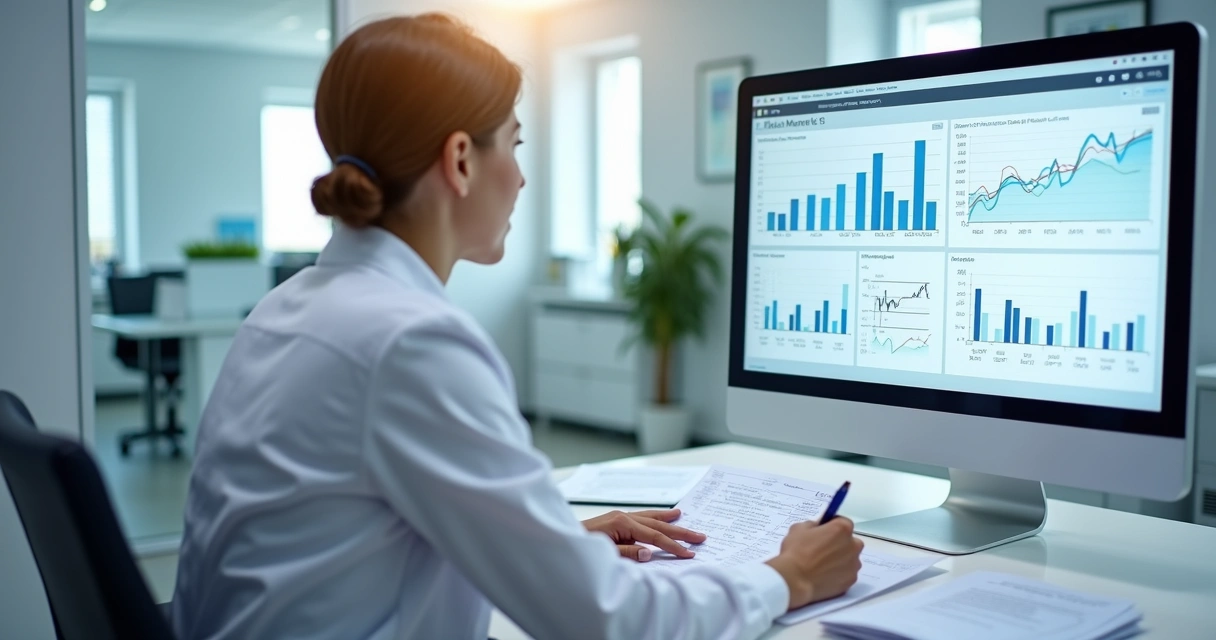 Gestor de clínica avaliando gráficos financeiros no computador 