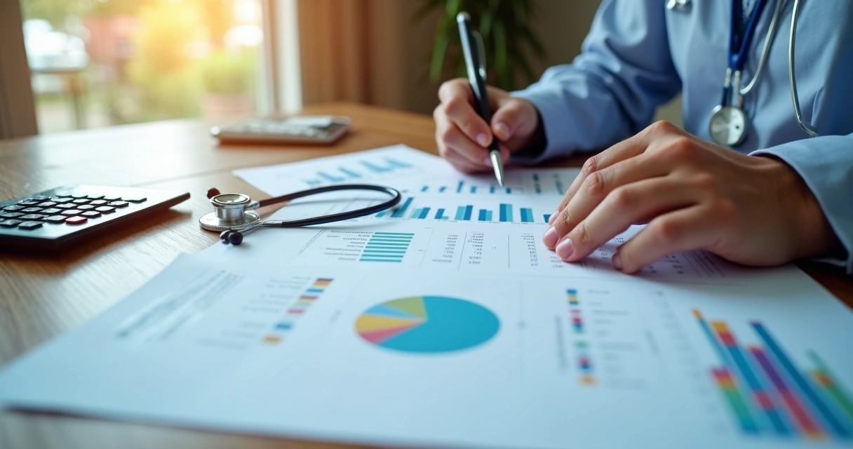 Planilhas financeiras abertas ao lado de estetoscópio 