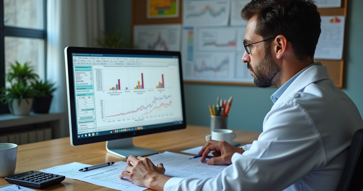 Profissional conferindo planilhas financeiras em clínica de saúde moderna 