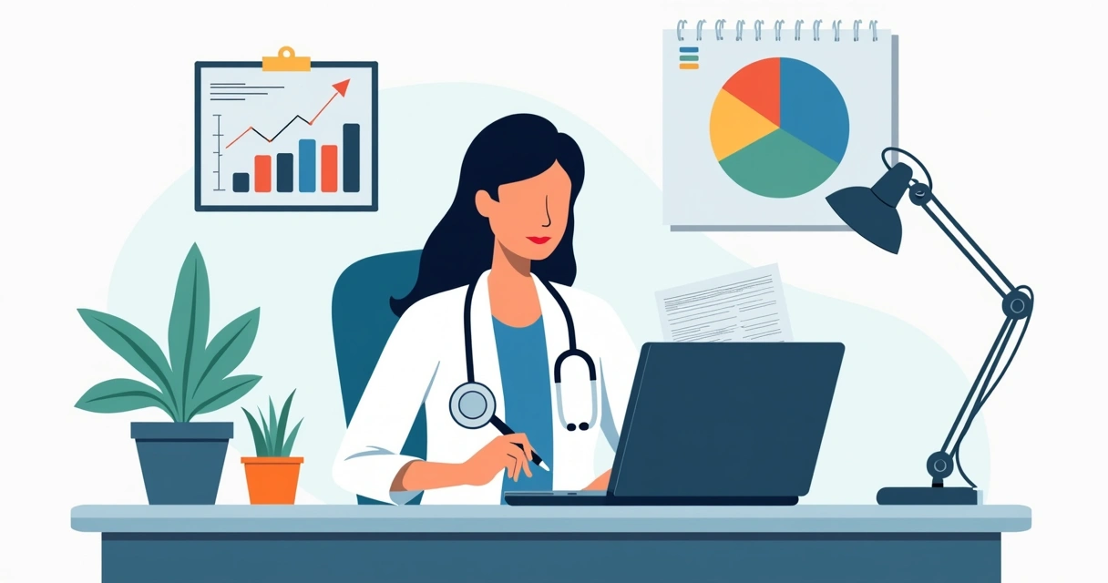 Gestão financeira de uma clínica médica, com uma médica analisando gráficos e contas em uma mesa de escritório 