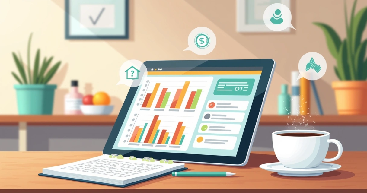 Tela de aplicativo com gráficos financeiros coloridos de uma clínica de estética, com ícones de agenda, dinheiro e notificações 