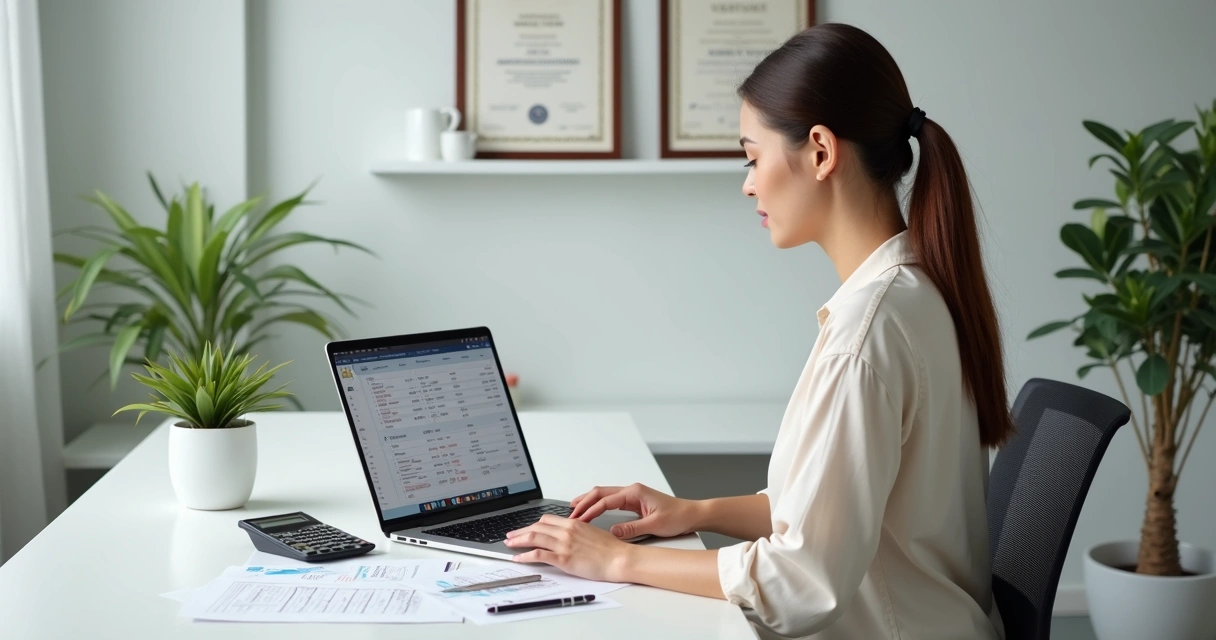 Profissional de estética analisando planilha de custos e receitas em notebook 