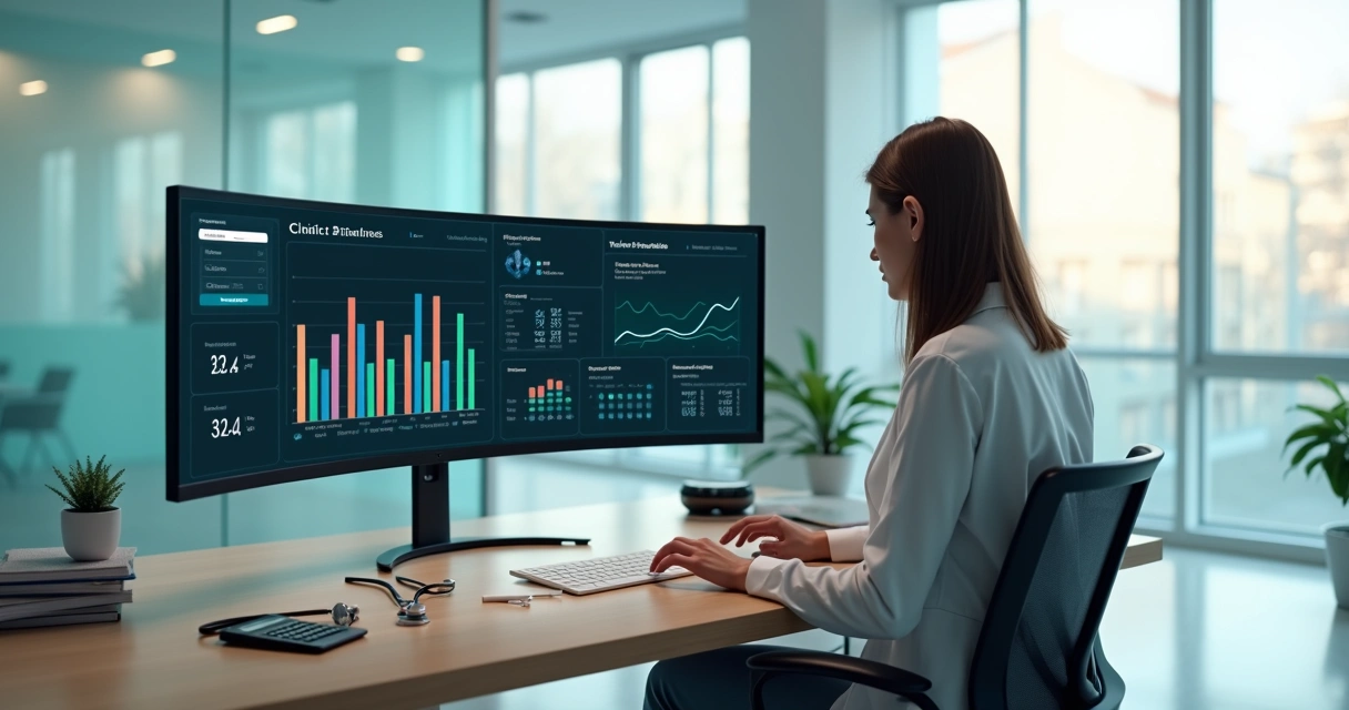 Gestor de clínica analisando painel financeiro com gráficos e inteligência artificial 