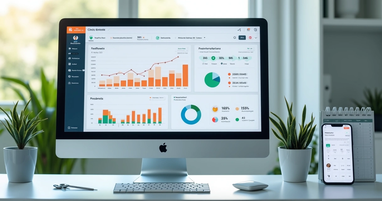 Computador com dashboard financeiro de clínica odontológica mostrando gráficos de crescimento e relatórios detalhados 
