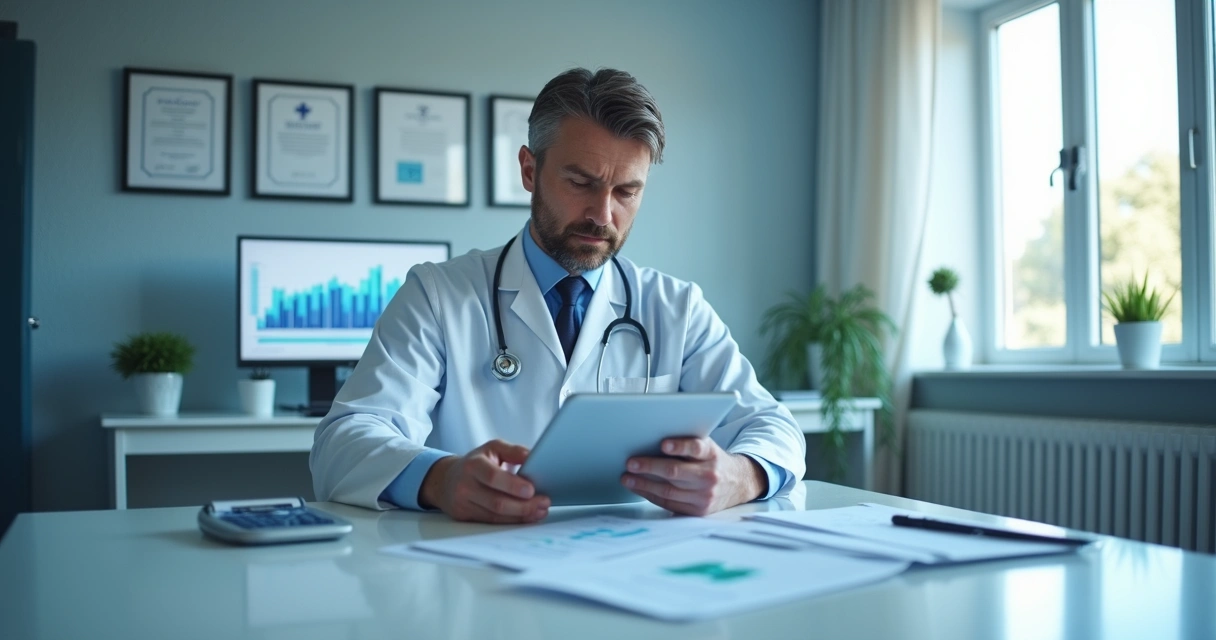 Profissional de saúde analisando gráficos financeiros em tablet em consultório 