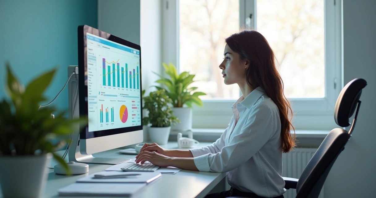 Recepcionista em clínica odontológica analisando gráficos financeiros em tela 
