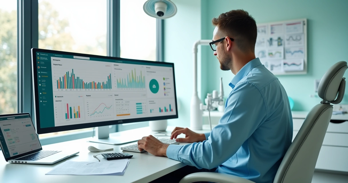 Dentista analisando sistema financeiro em clínica odontológica moderna 