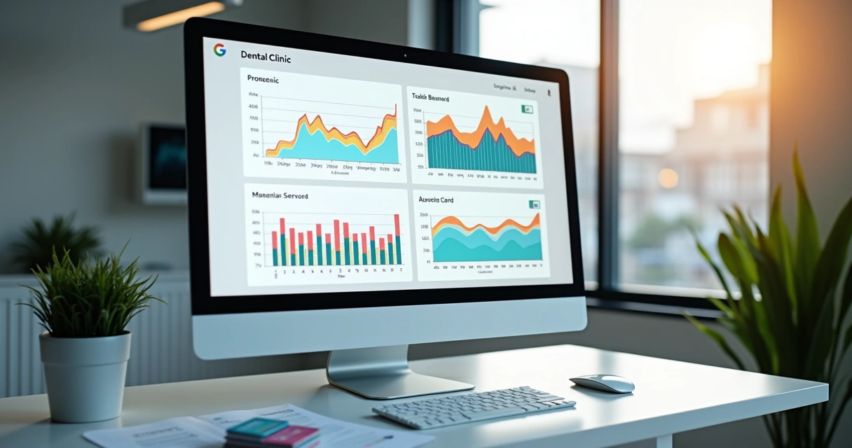 Tela de computador com gráfico financeiro odontológico ao lado de papéis e cartões 
