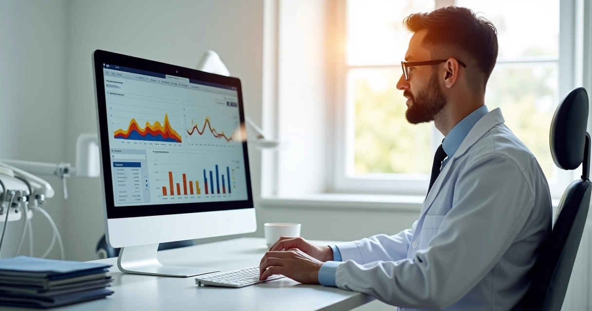 Profissional de odontologia analisando finanças em consultório moderno 