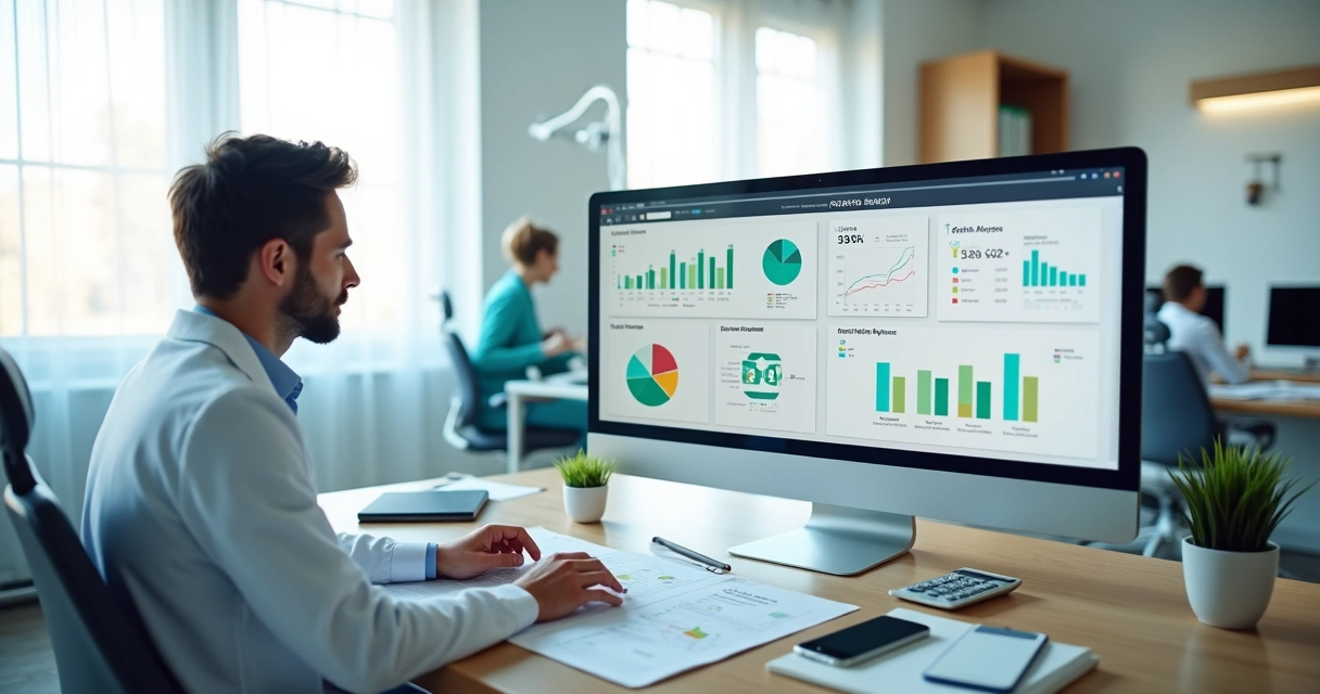 Dentista analisando fluxo de caixa em tela com paciente ao fundo em consultório moderno 