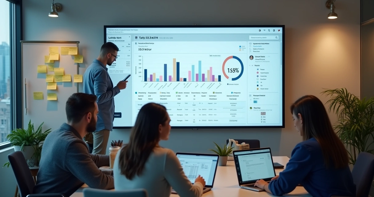 Equipe financeira analisando tela de plataforma de cobrança 