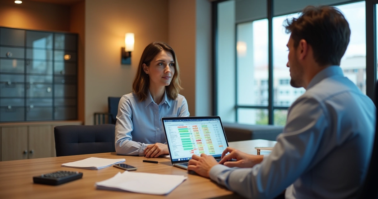 Síndico usando planilha financeira em sala de condomínio moderna e organizada 
