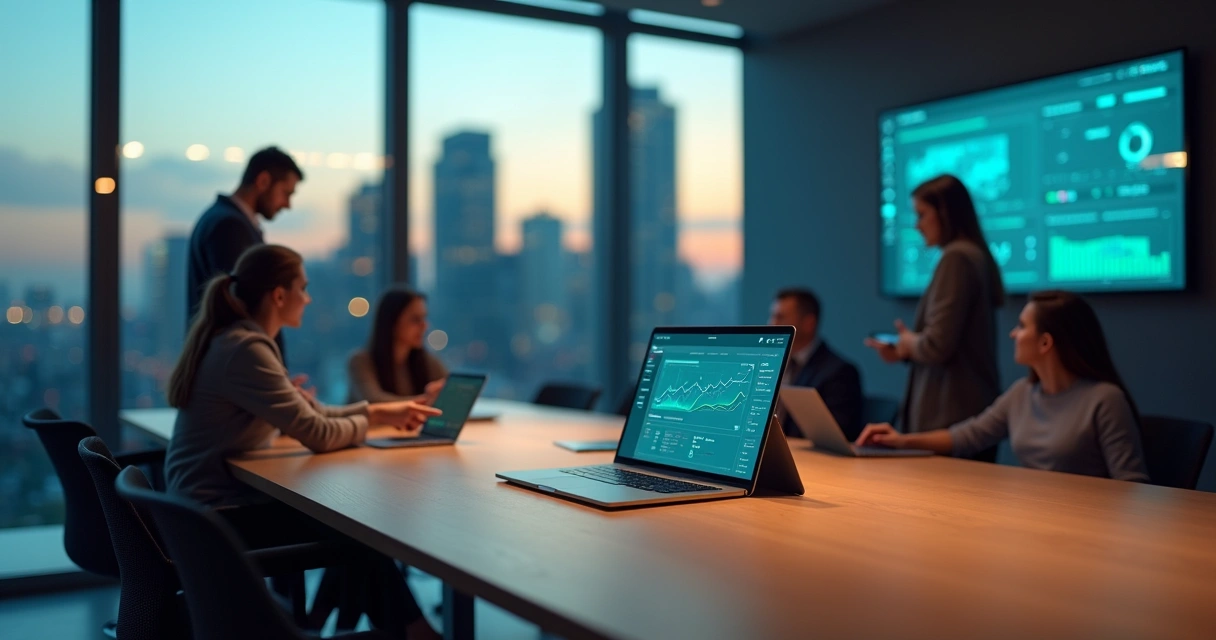 Gestor analisa painel financeiro digital com gráficos e conta empresarial integrada em telas 