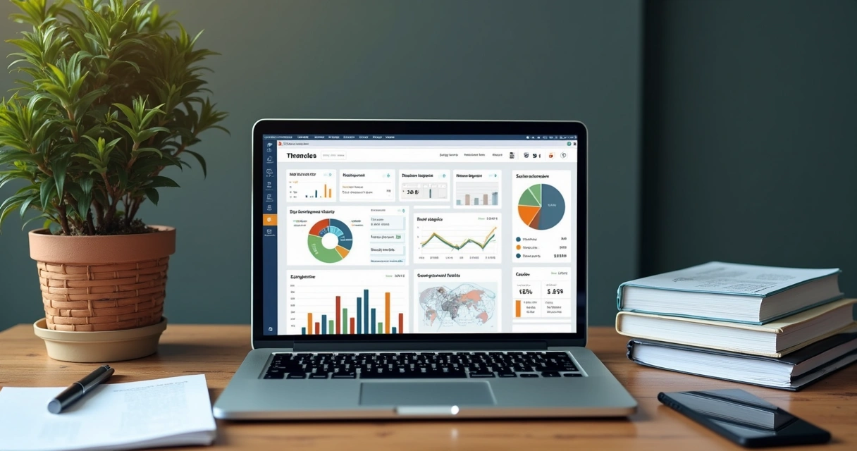 Mesa de trabalho com laptop mostrando dashboard financeiro digital, documentos organizados e gráficos financeiros na tela 