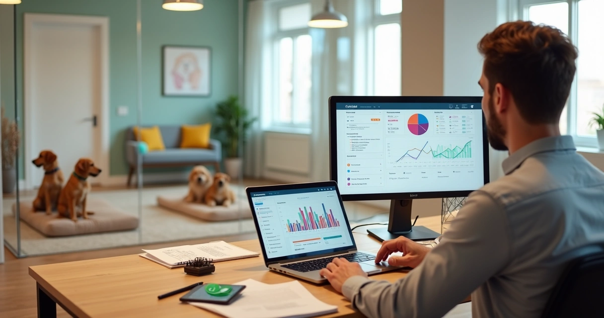 Gestor de creche pet analisando finanças em notebook ao lado de cães em ambiente profissional 