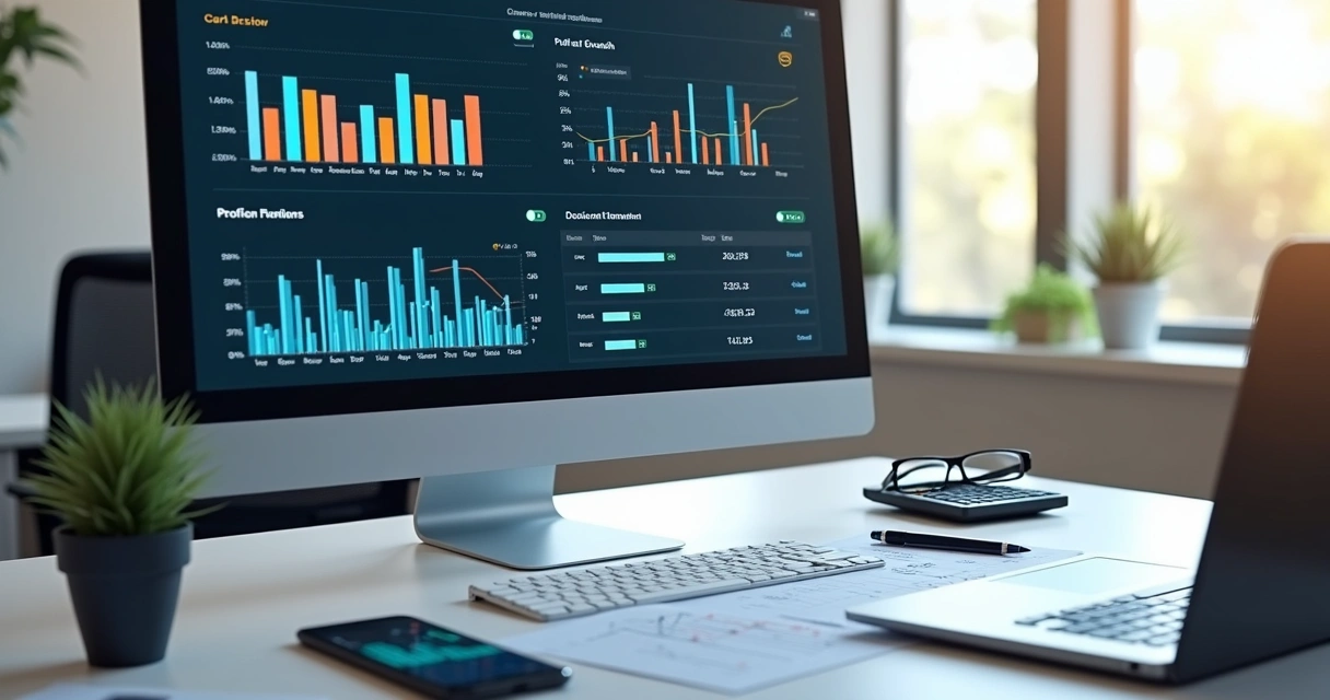 Dashboard financeiro com gráficos de barras e linha mostrando crescimento de lucro e controle financeiro 