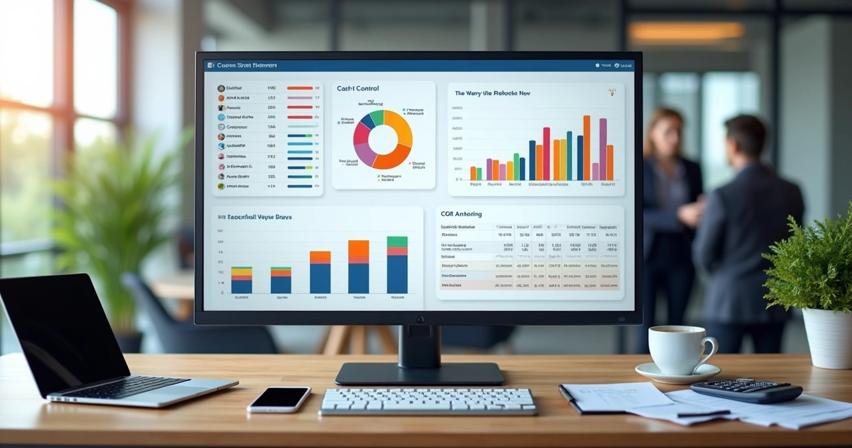 Tela de dashboard financeiro empresarial com gráficos e planilhas detalhados 