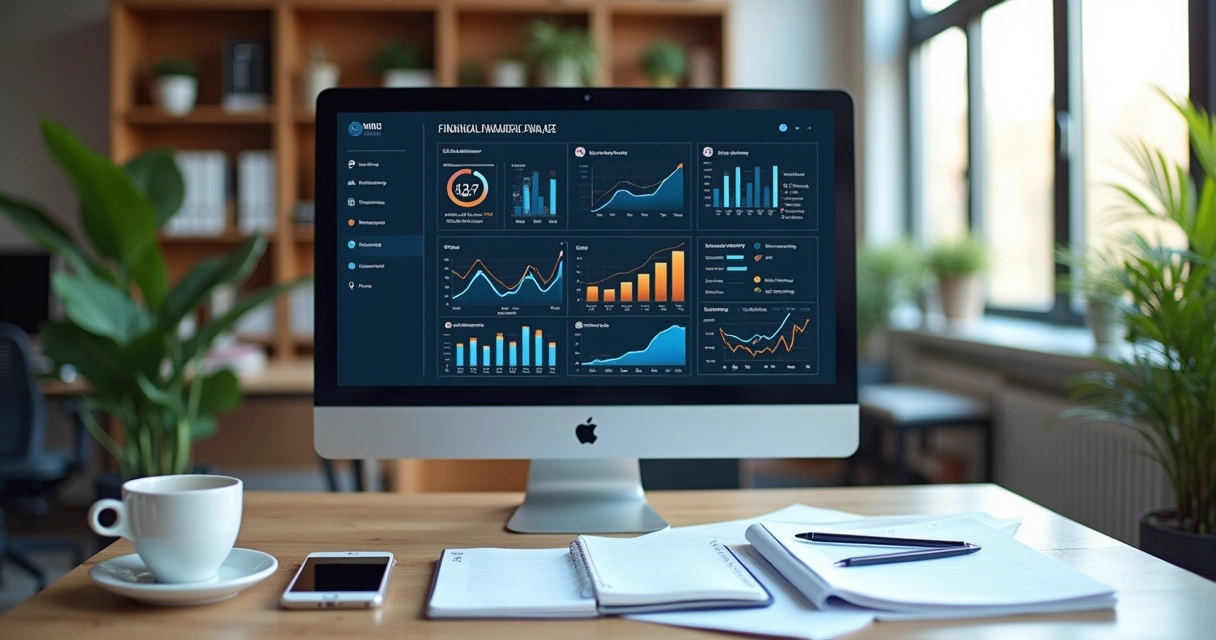 Dashboard financeiro digital com gráficos e indicadores em tela de computador em ambiente de escritório moderno 