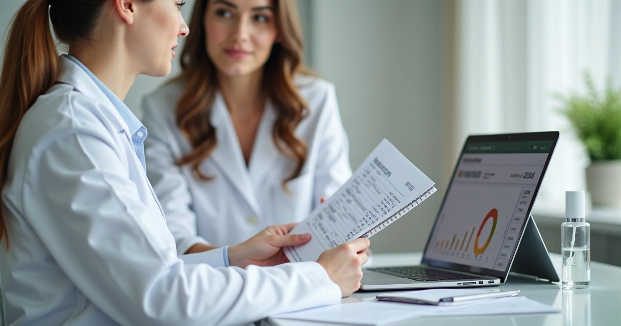 Gestora de clínica analisando relatórios financeiros 