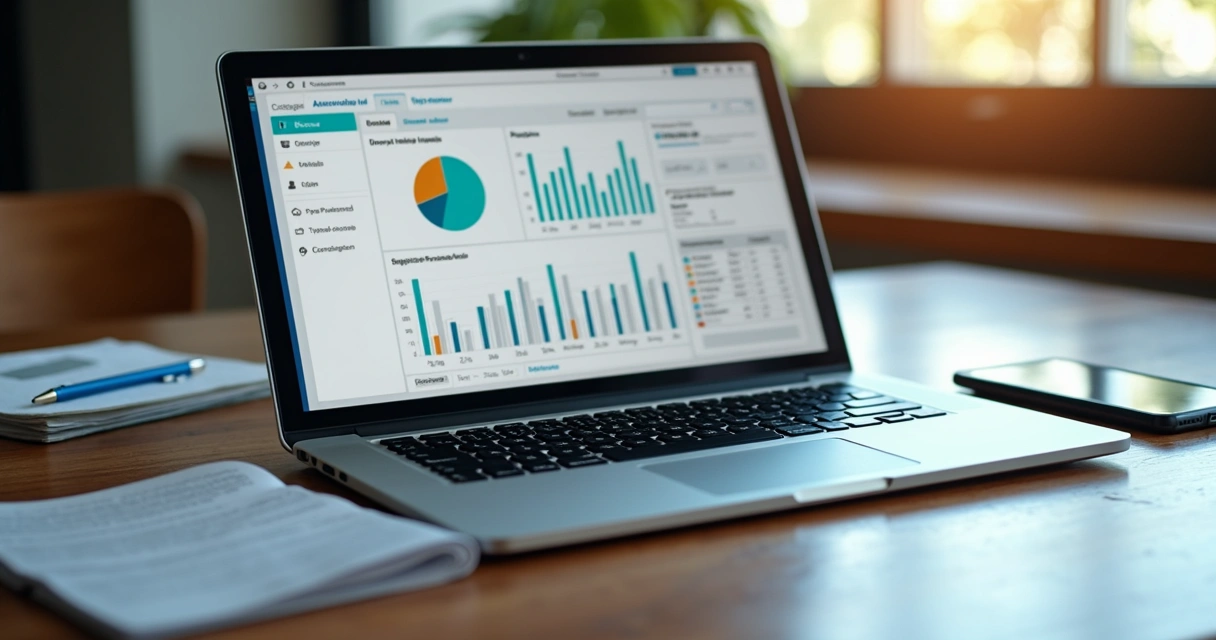 Mesa com laptop aberto mostrando dashboard financeiro, smartphone com mensagem de cobrança e documentos organizados para contas a pagar e receber