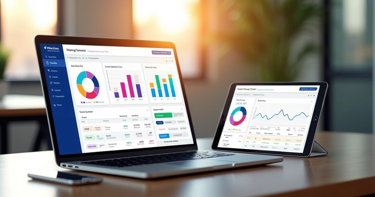 Tela de sistema de gestão financeira digital com gráficos de receitas e despesas