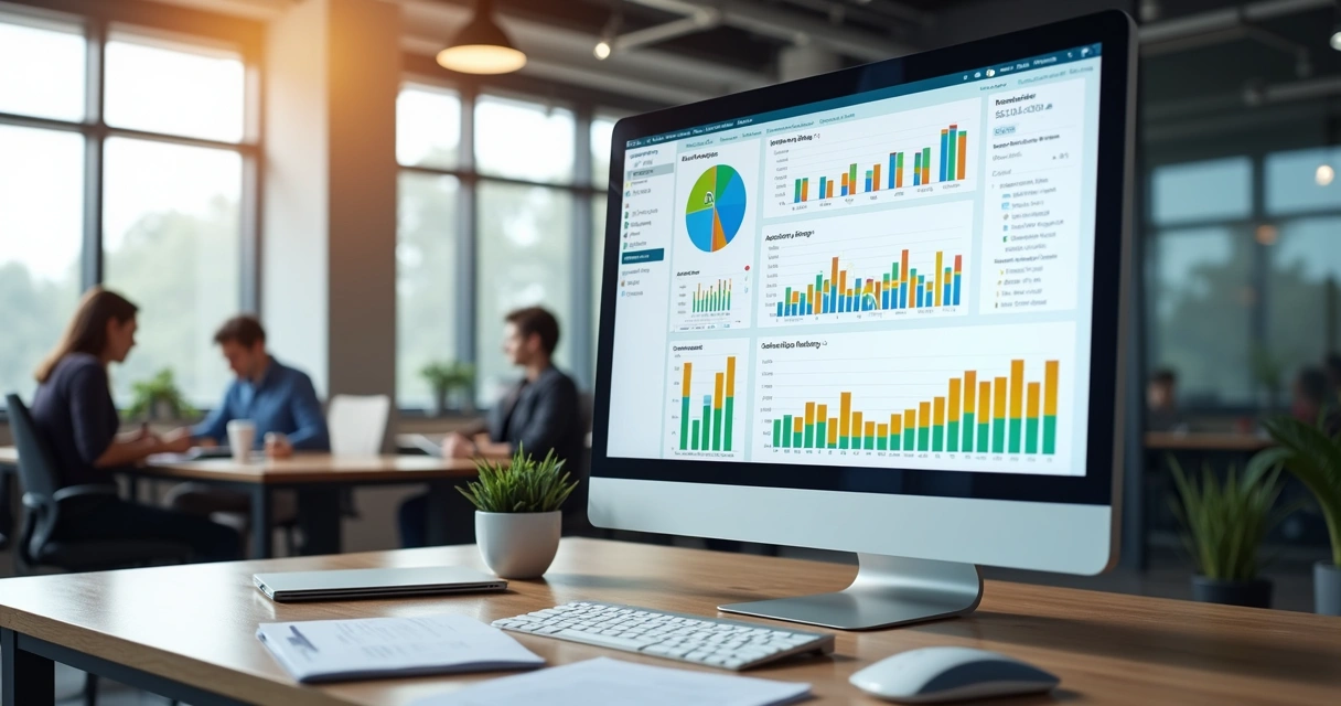 Tela de computador mostrando painel financeiro com gráficos, dados e controle de contas a pagar e receber 